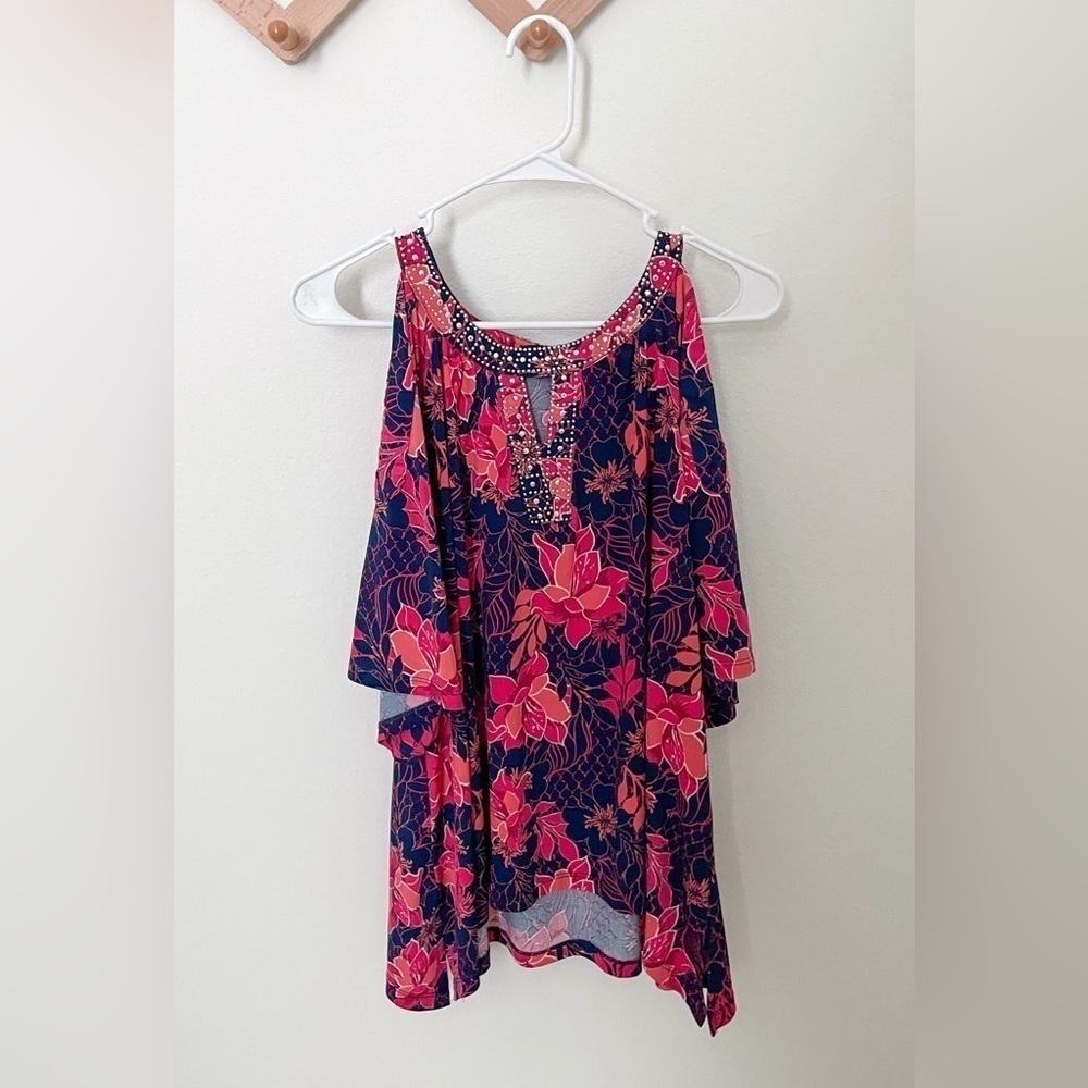 Ava‎ & Grace | Women’s Pink Floral Rhinestone Cold Shoulder Blouse